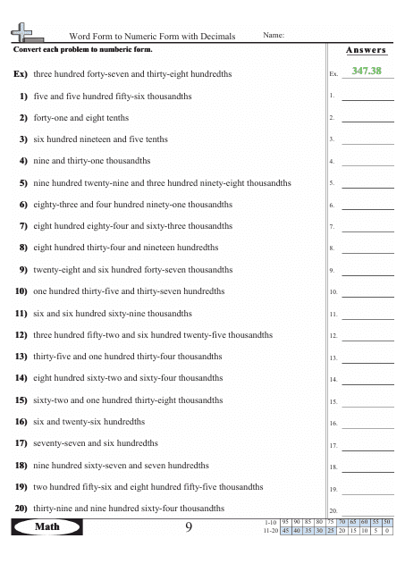 Word Form to Numeric Form With Decimals Worksheet With Answers - 347.38