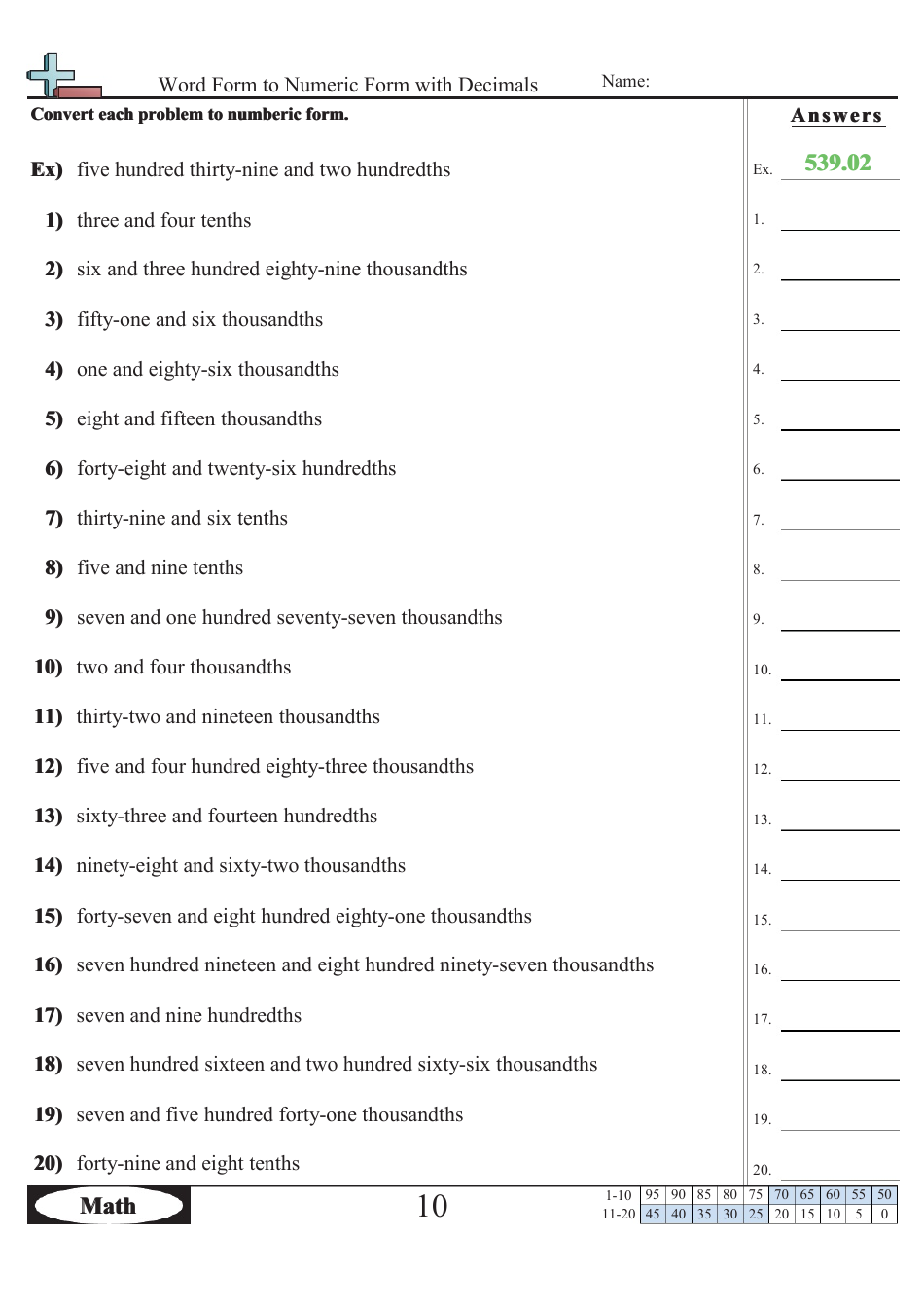 Word Form to Numeric Form With Decimals Worksheet With Answers - 539.02, Page 1
