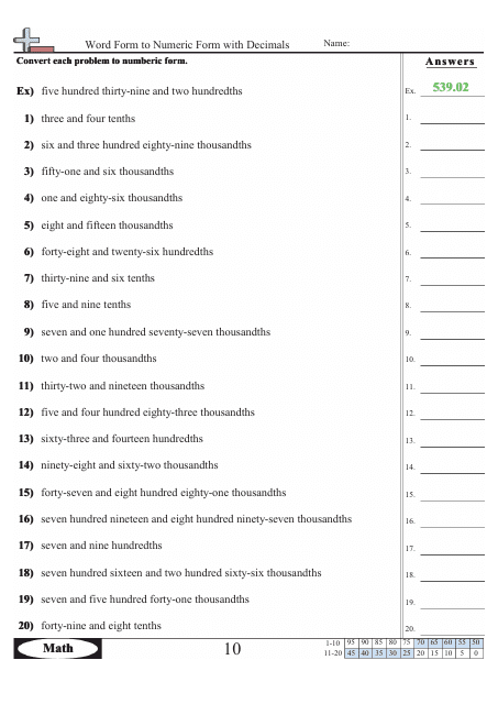 Word Form to Numeric Form With Decimals Worksheet With Answers - 539.02