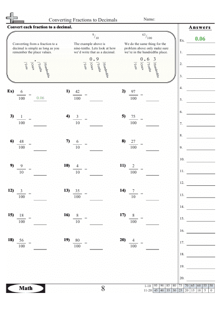Converting Fractions To Decimals Worksheet With Answers Download