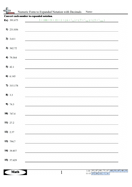 Numeric Form to Expanded Notation With Decimals Worksheet With Answers