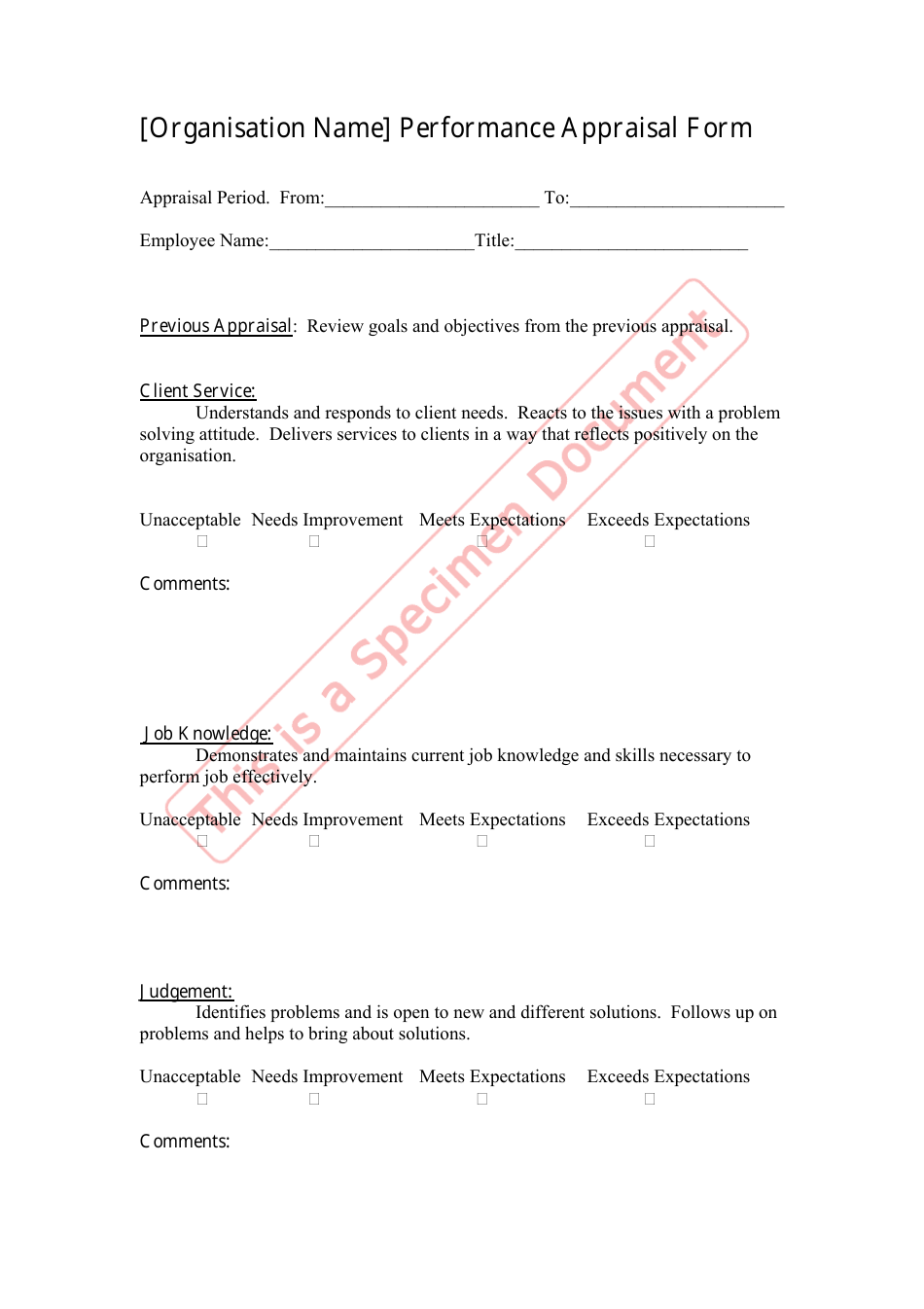 Sample Performance Appraisal Form, Page 1