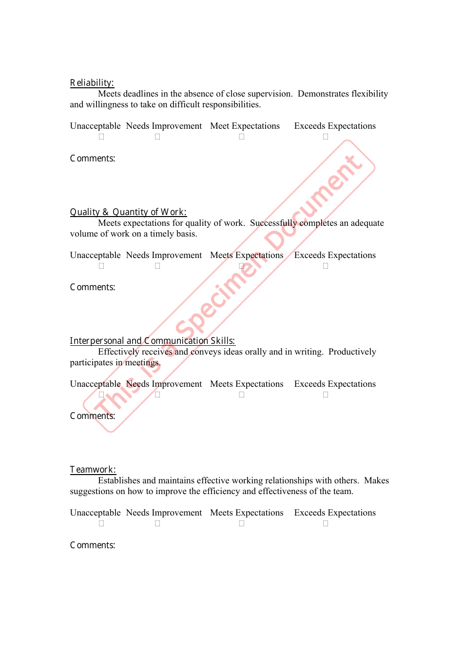 Sample Performance Appraisal Form, Page 2