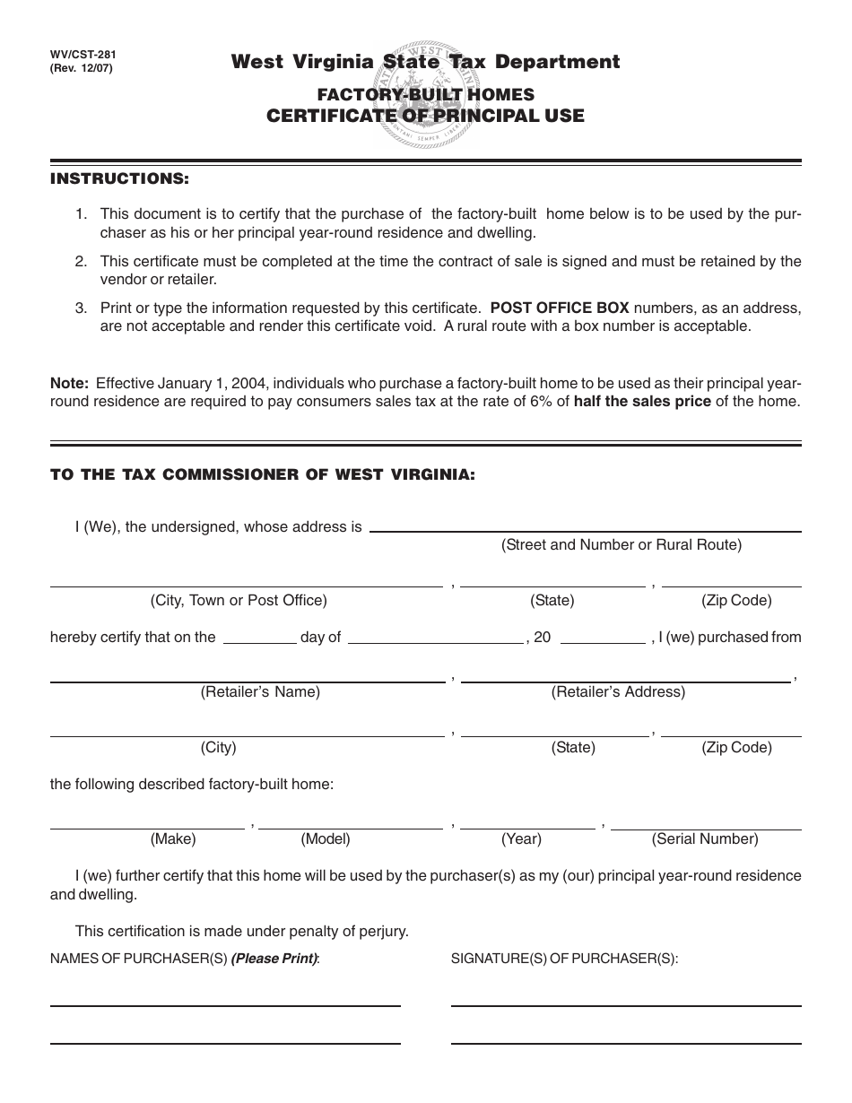 Form WV / CST-281 Factory-Built Homes Certificate of Principal Use - West Virginia, Page 1