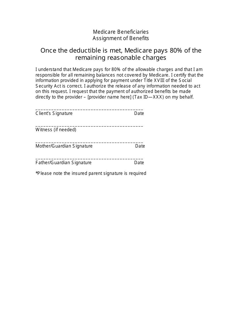 Medicare Beneficiaries Assignment of Benefits Form, Page 1