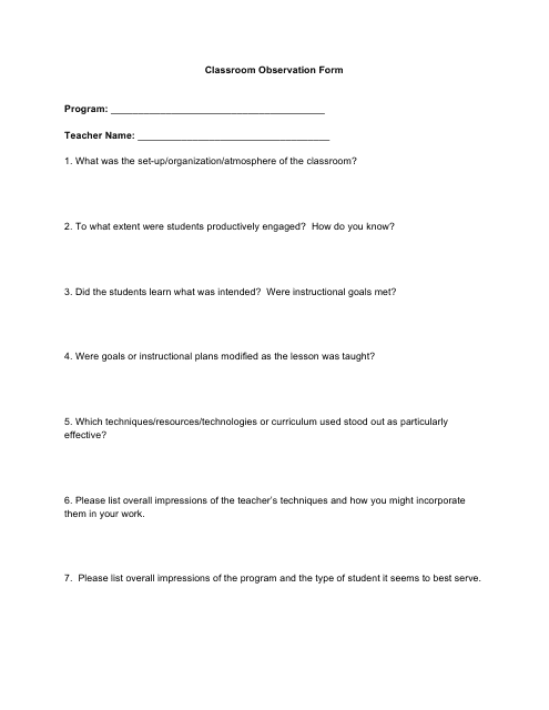 Classroom Observation Form - Seven Questions