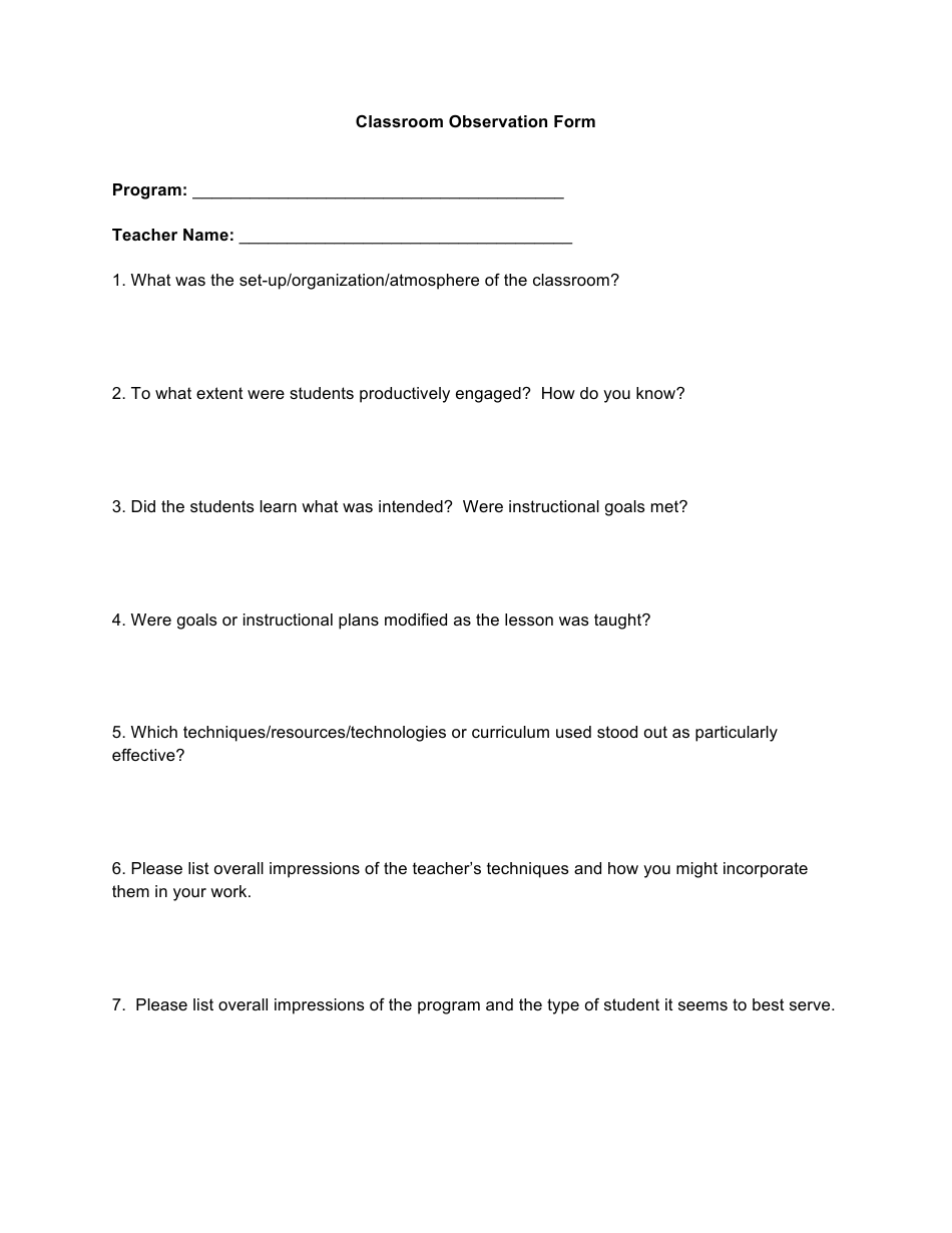 Classroom Observation Form - Seven Questions, Page 1
