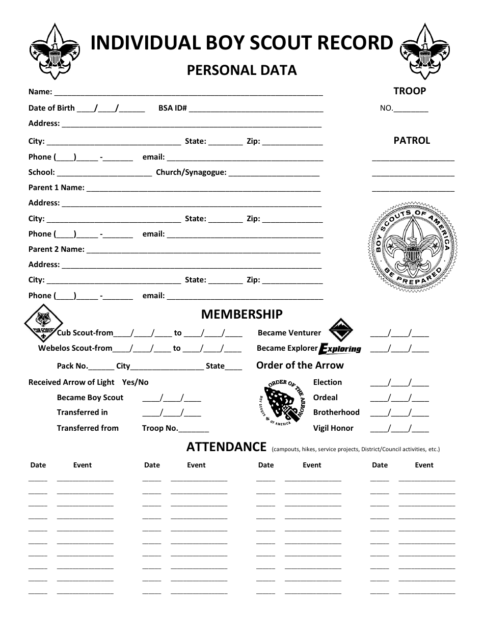 Individual Boy Scout Record Form, Page 1