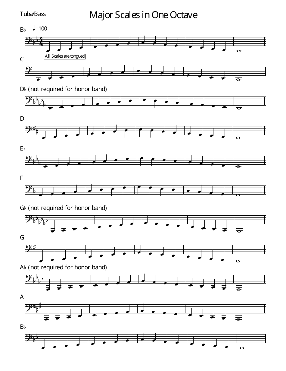 Tuba Major Scale Finger Chart