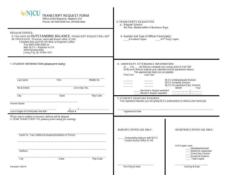 Transcript Request Form - New Jersey City University - New Jersey, Page 1