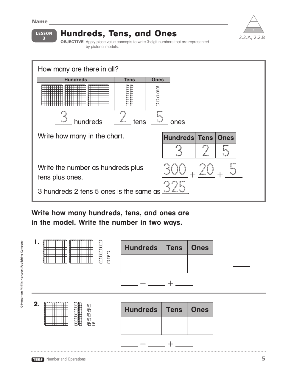 Hundreds, Tens, and Ones Worksheet - Lesson 3 Preview