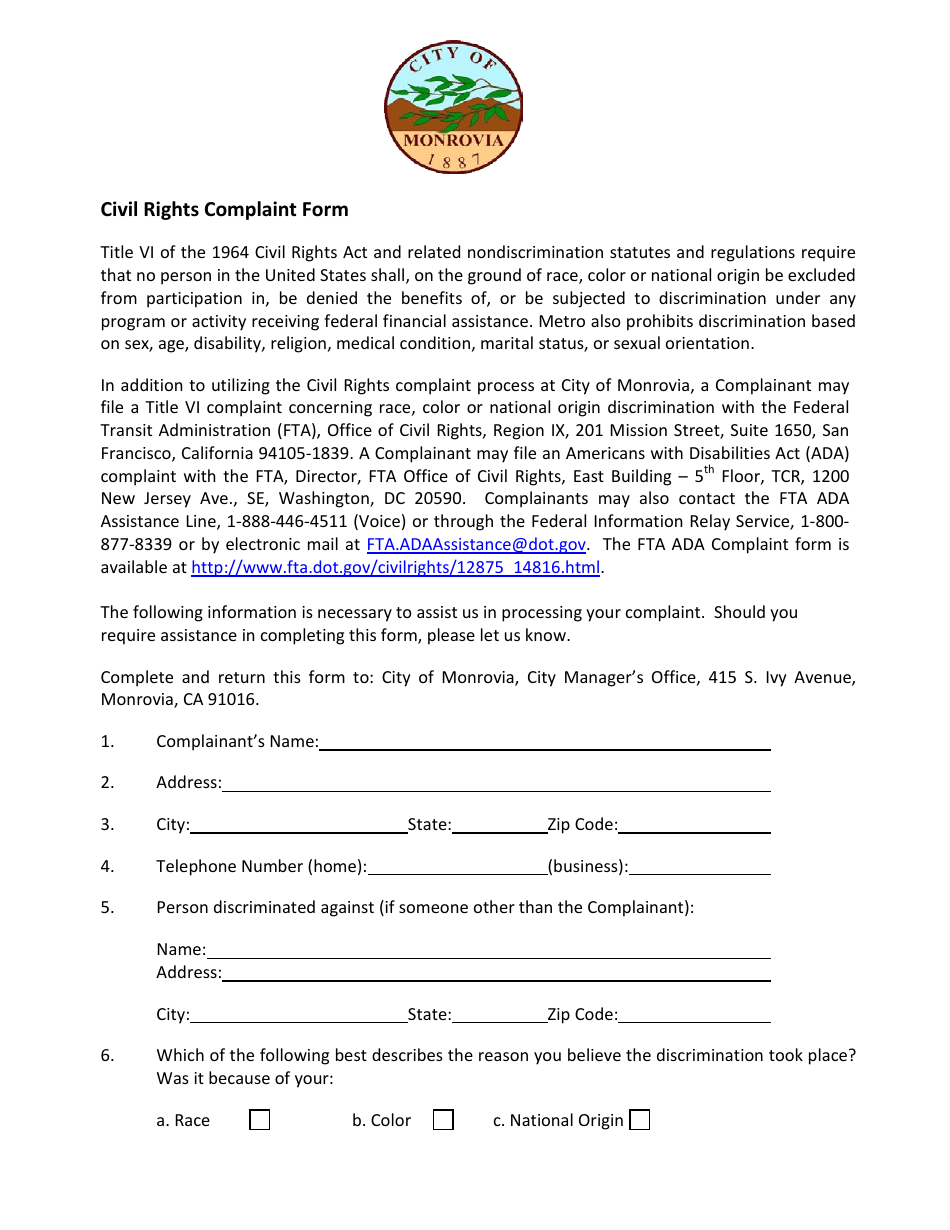 Civil Rights Complaint Form - City of Monrovia, California, Page 1