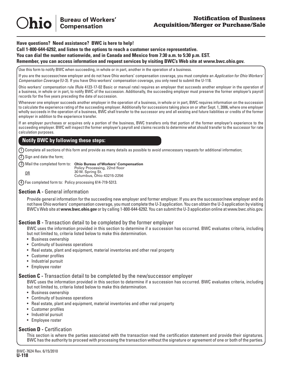 Form U-118 (BWC-7624) Notification of Business Acquisition / Merger or Purchase / Sale - Ohio, Page 1
