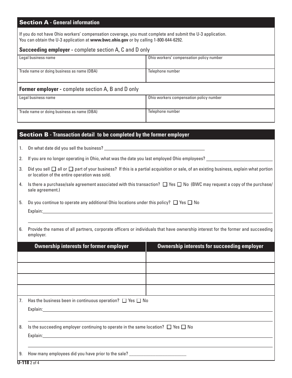 Form U-118 (BWC-7624) Notification of Business Acquisition / Merger or Purchase / Sale - Ohio, Page 2