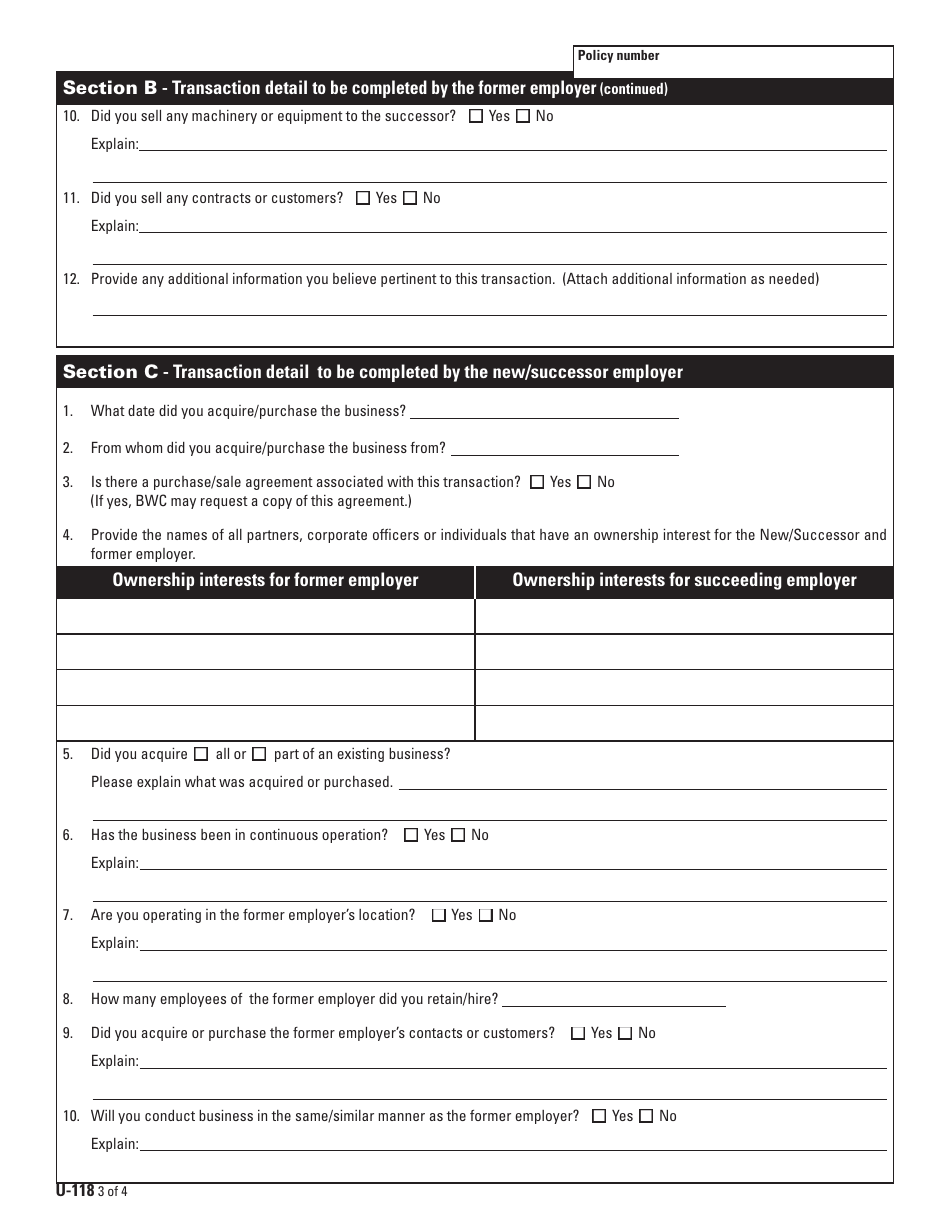 Form U-118 (BWC-7624) Notification of Business Acquisition / Merger or Purchase / Sale - Ohio, Page 3