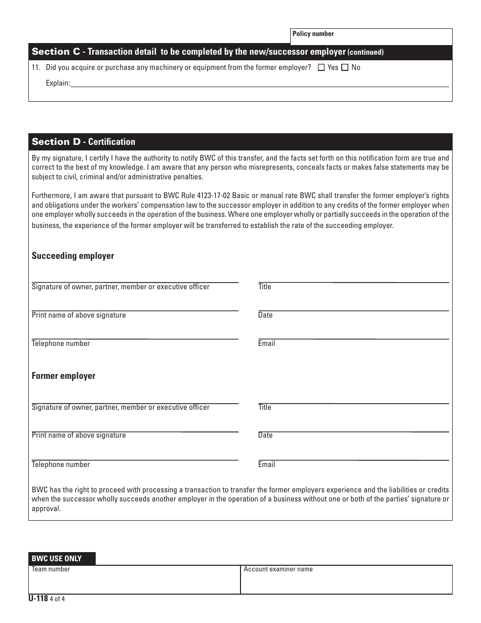 Form U-118 (BWC-7624) Notification of Business Acquisition / Merger or Purchase / Sale - Ohio, Page 4