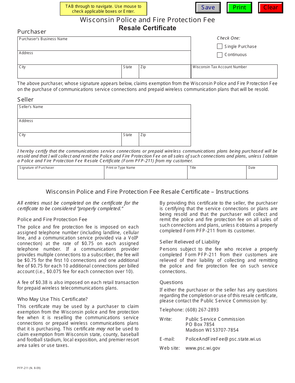 Form PFP-211 Wisconsin Police and Fire Protection Fee Resale Certificate - Wisconsin, Page 1