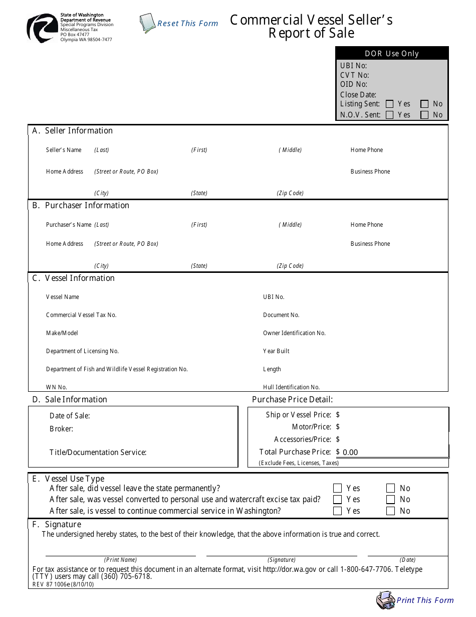 Form REV87 1006E Commercial Vessel Sellers Report of Sale - Washington, Page 1
