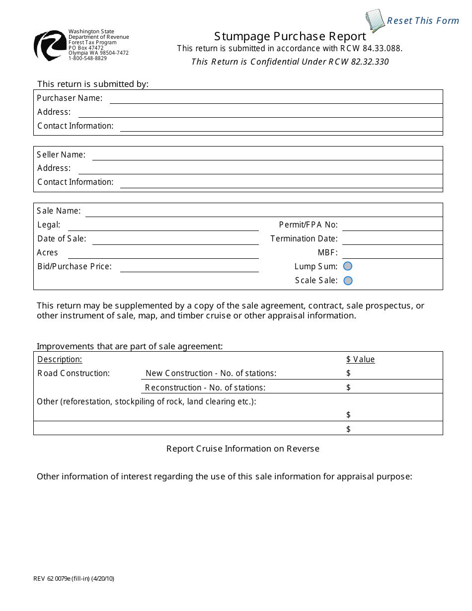 Form REV62 0079E Stumpage Purchase Report - Washington, Page 1
