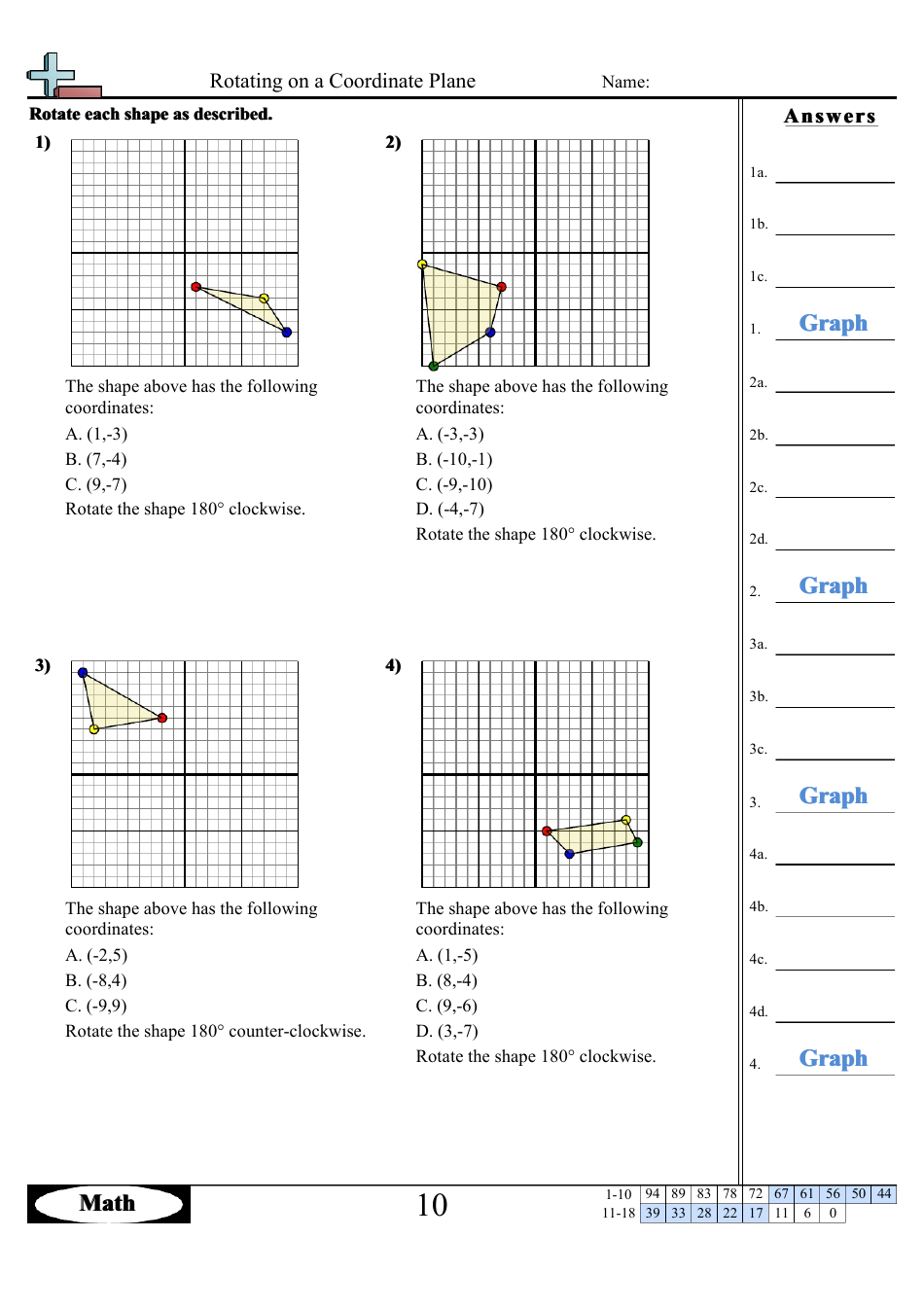 Rotating on a Coordinate Plane Worksheet With Answers - (-1,3) Preview Image