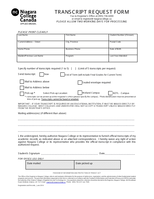 &quot;Transcript Request Form - Niagara College&quot; - Ontario, Canada Download Pdf