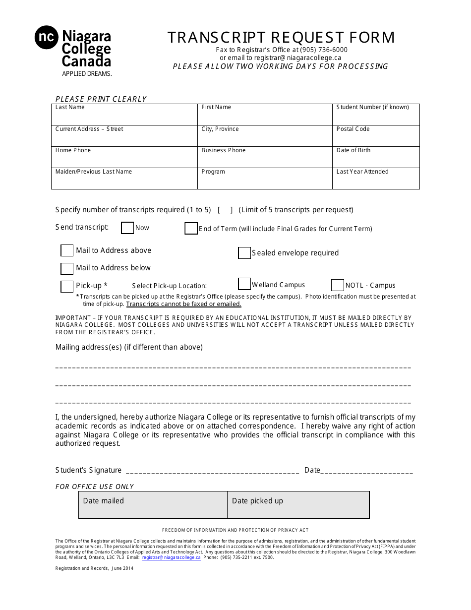 Ontario Canada Transcript Request Form - Niagara College - Fill Out ...
