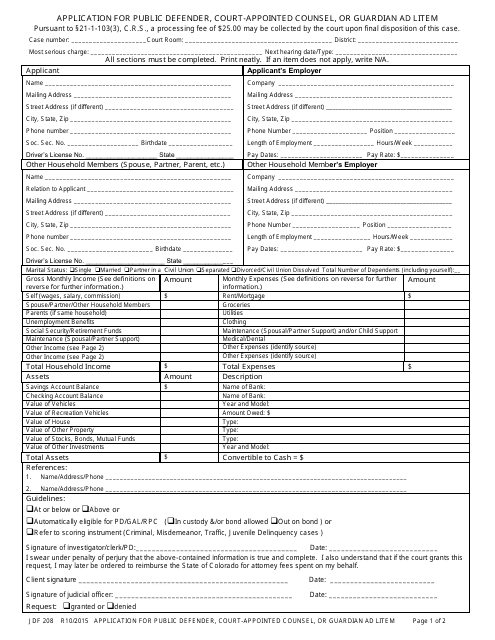 Form JDF208 Application for Public Defender, Court-Appointed Counsel, or Guardian Ad Litem - Colorado