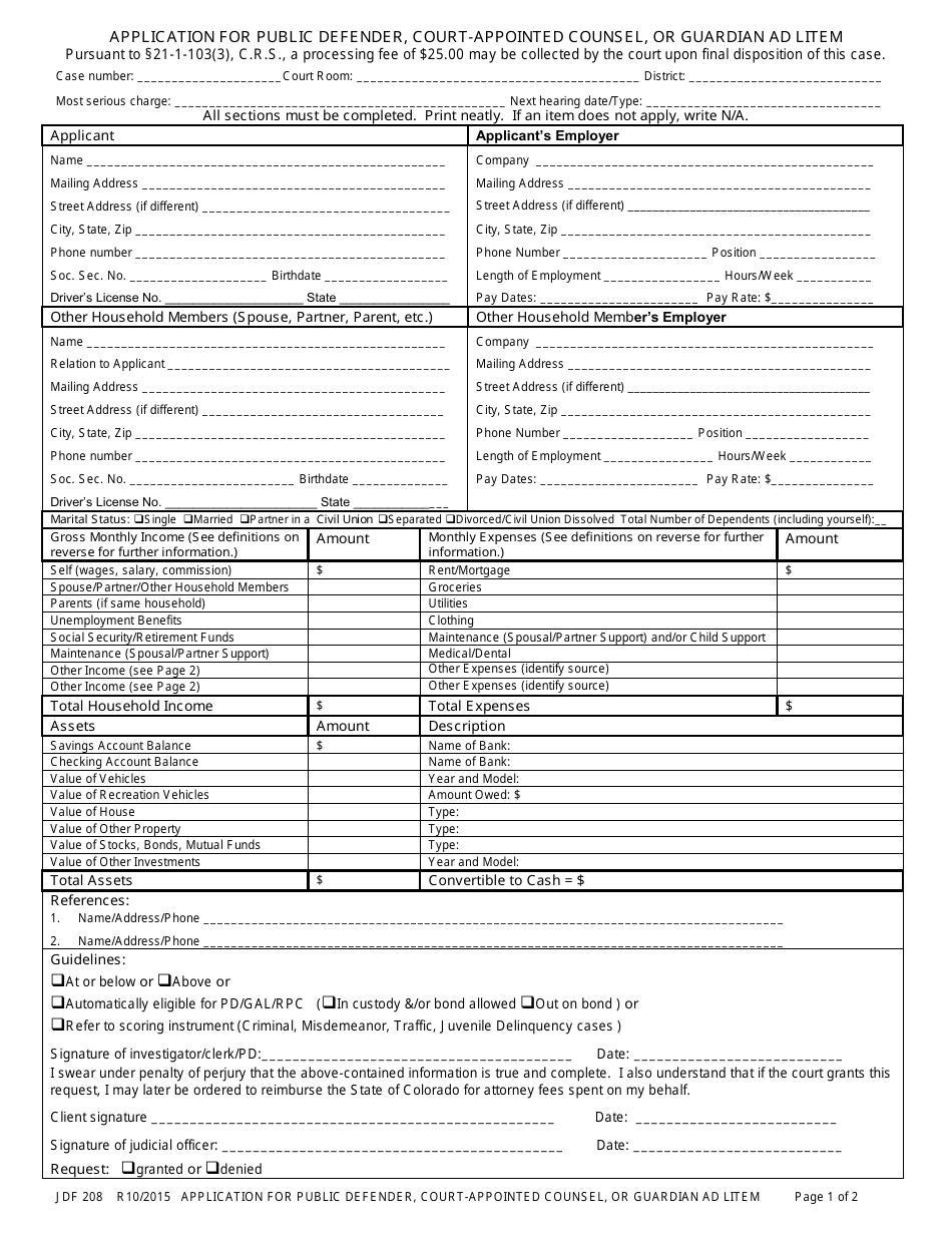 Form JDF208 Application for Public Defender, Court-Appointed Counsel, or Guardian Ad Litem - Colorado, Page 1