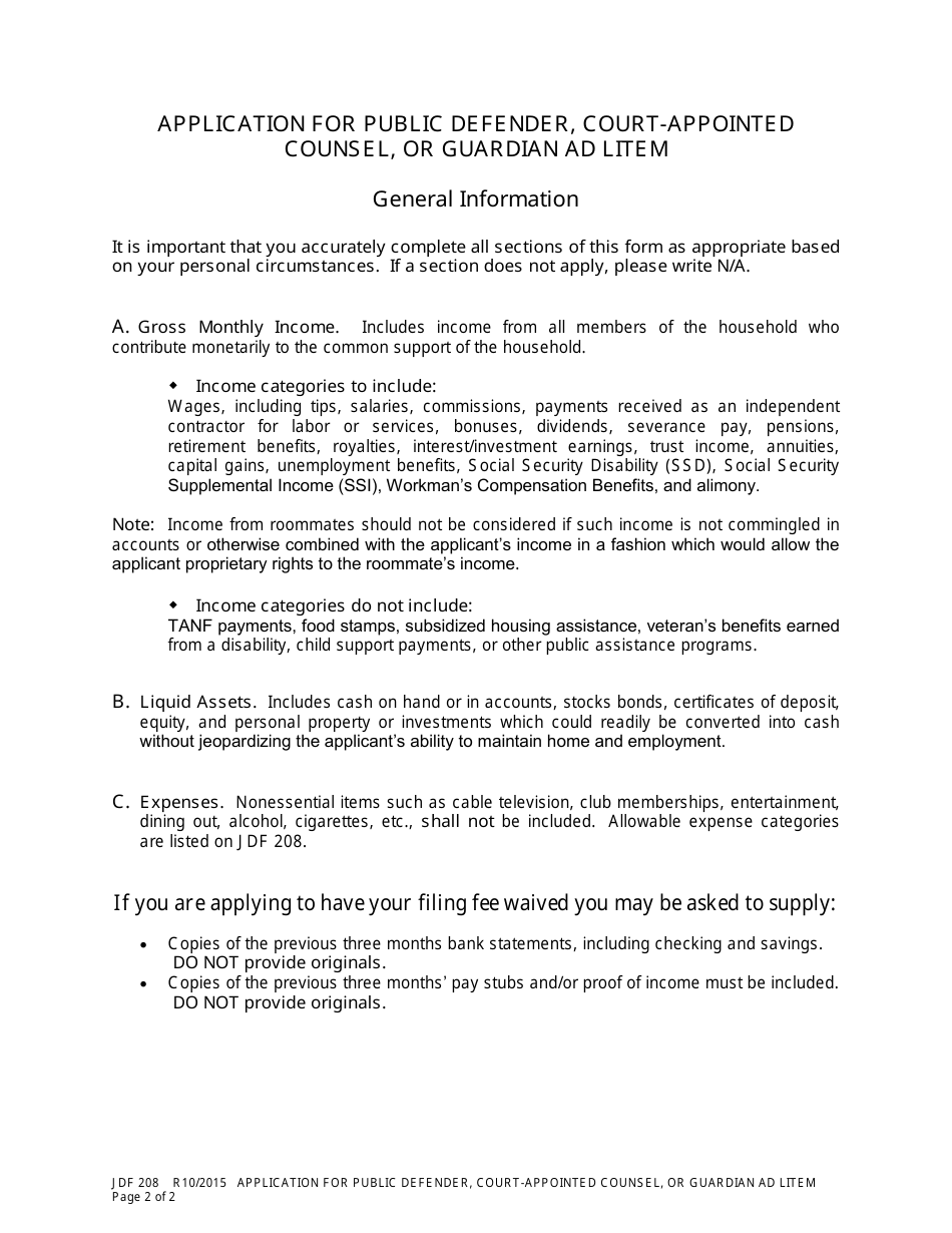 Form JDF208 Application for Public Defender, Court-Appointed Counsel, or Guardian Ad Litem - Colorado, Page 2