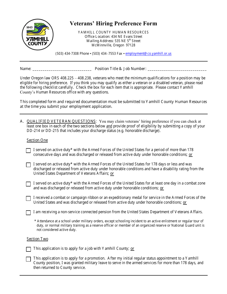 Veterans Hiring Preference Form - Yamhill County, Oregon, Page 1
