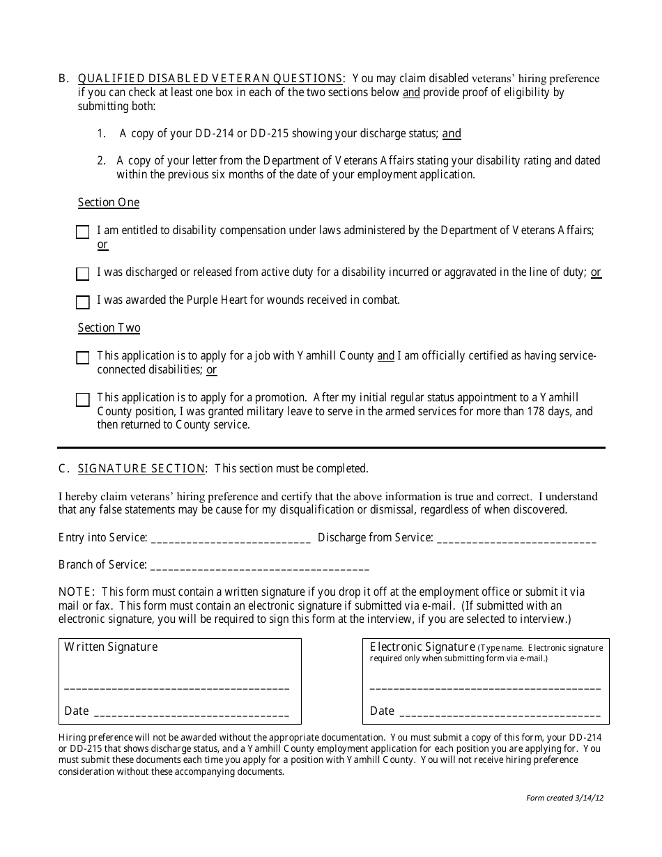 Veterans Hiring Preference Form - Yamhill County, Oregon, Page 2