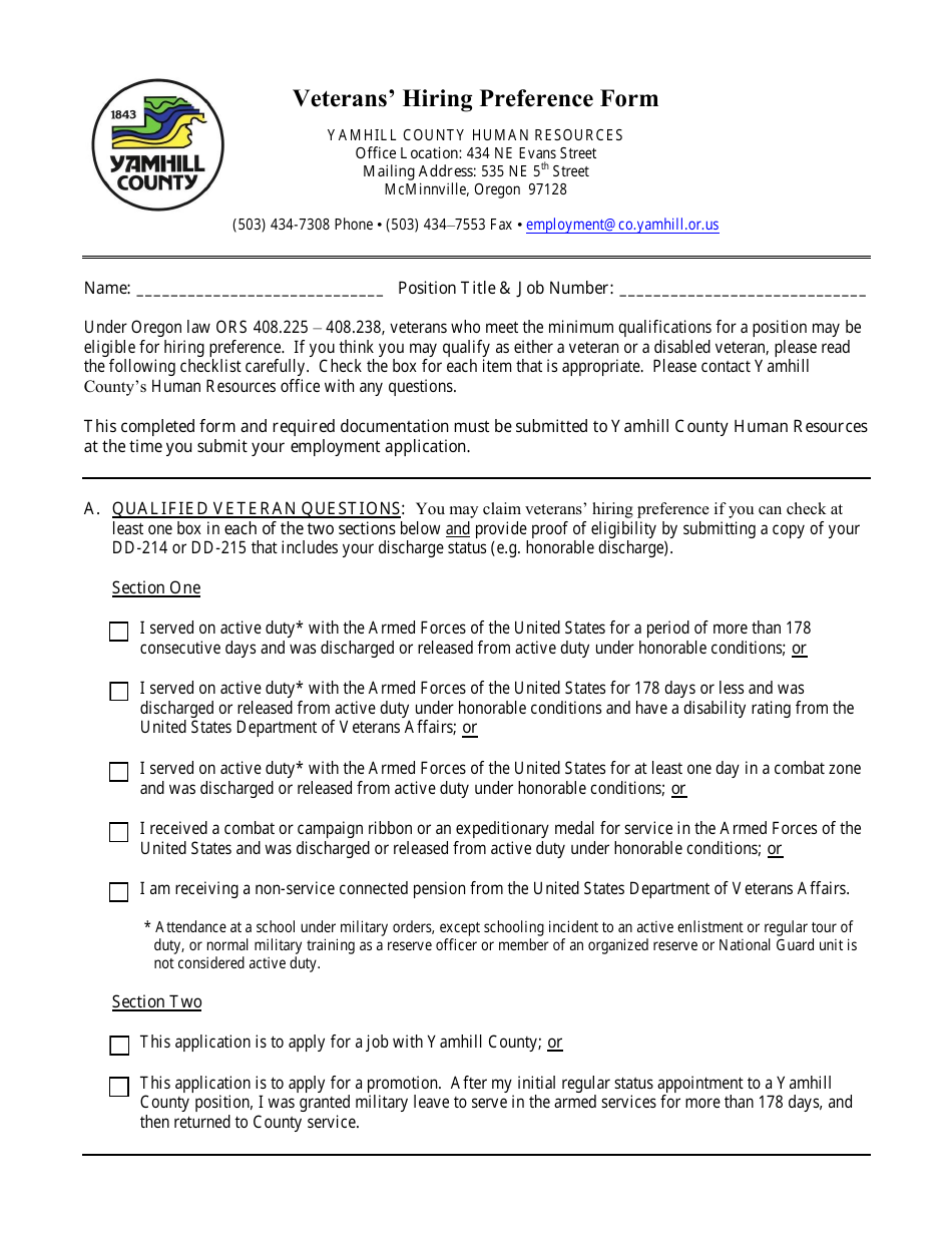 Yamhill County, Oregon Veterans' Hiring Preference Form Fill Out