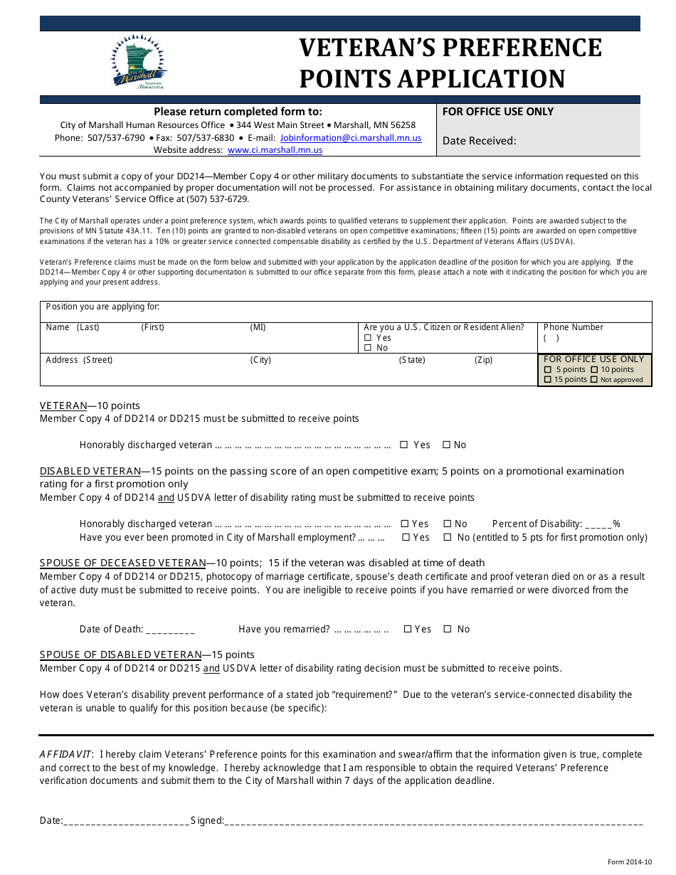 Veterans Preference Points Application Form - City of Marshall, Minnesota, Page 1