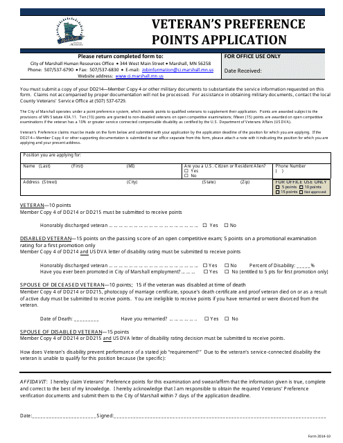 Veteran's Preference Points Application Form - City of Marshall, Minnesota Download Pdf