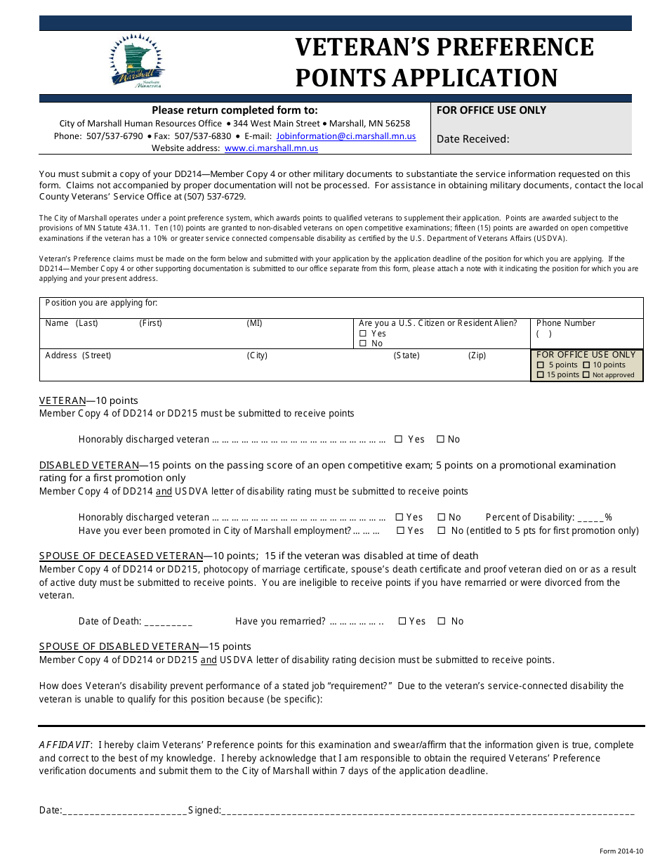 City of Marshall, Minnesota Veteran's Preference Points Application