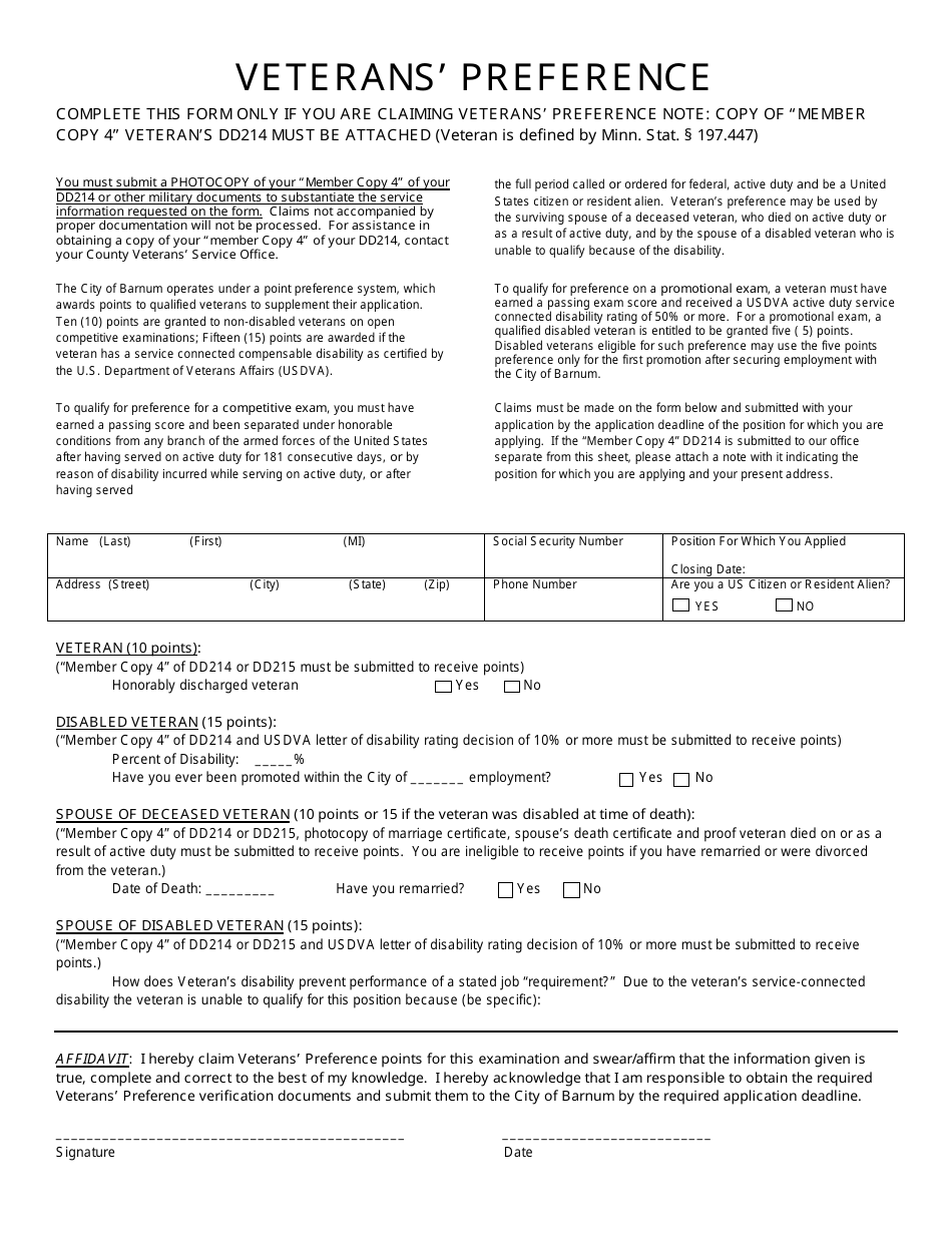 Veterans Preference Form - City of Barnum, Minnesota, Page 1