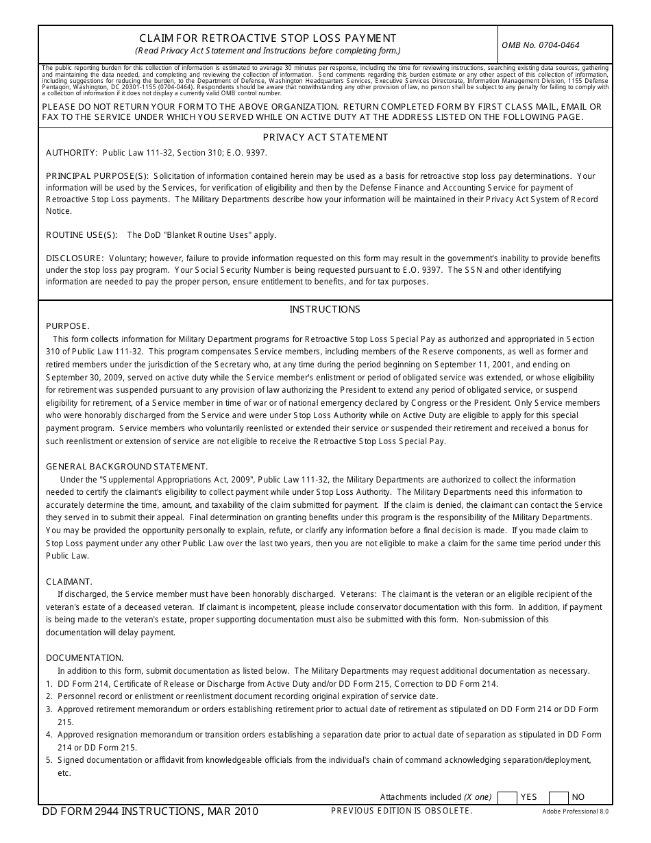 DD Form 2944 Claim for Retroactive Stop Loss Payment, Page 1