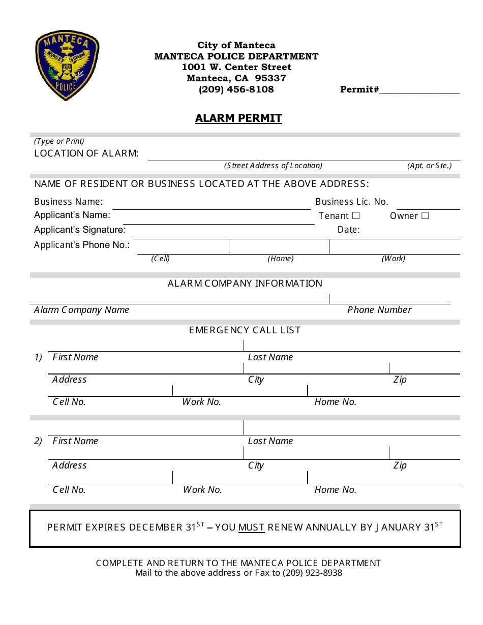 City of Manteca, California Alarm Permit Form Fill Out, Sign Online