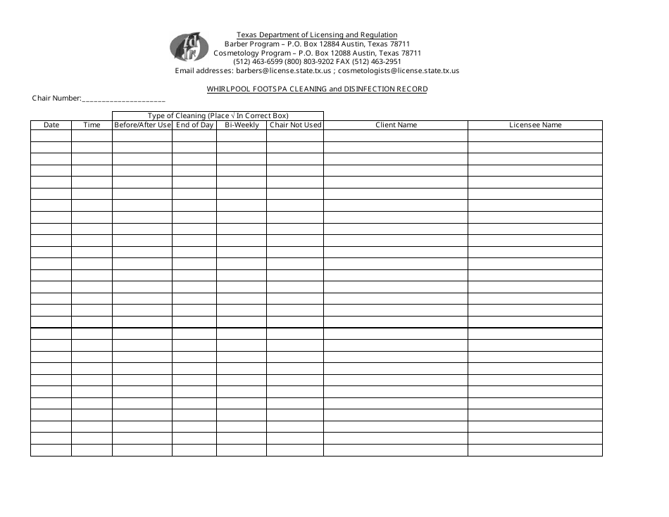 Whirlpool Footspa Cleaning and Disinfection Record Form - Texas, Page 1