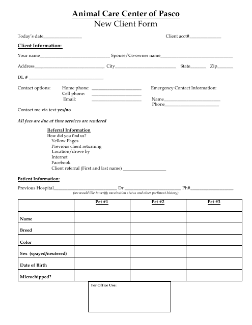 New Client Form - Animal Care Center of Pasco - Pasco