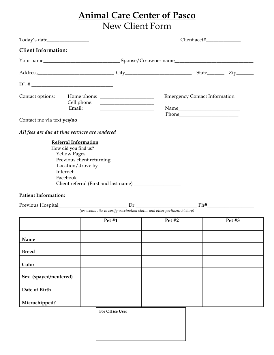 New Client Form - Animal Care Center of Pasco - Pasco, Page 1