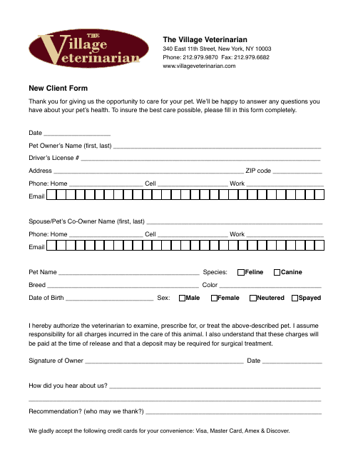 New Client Form - the Village Veterinarian