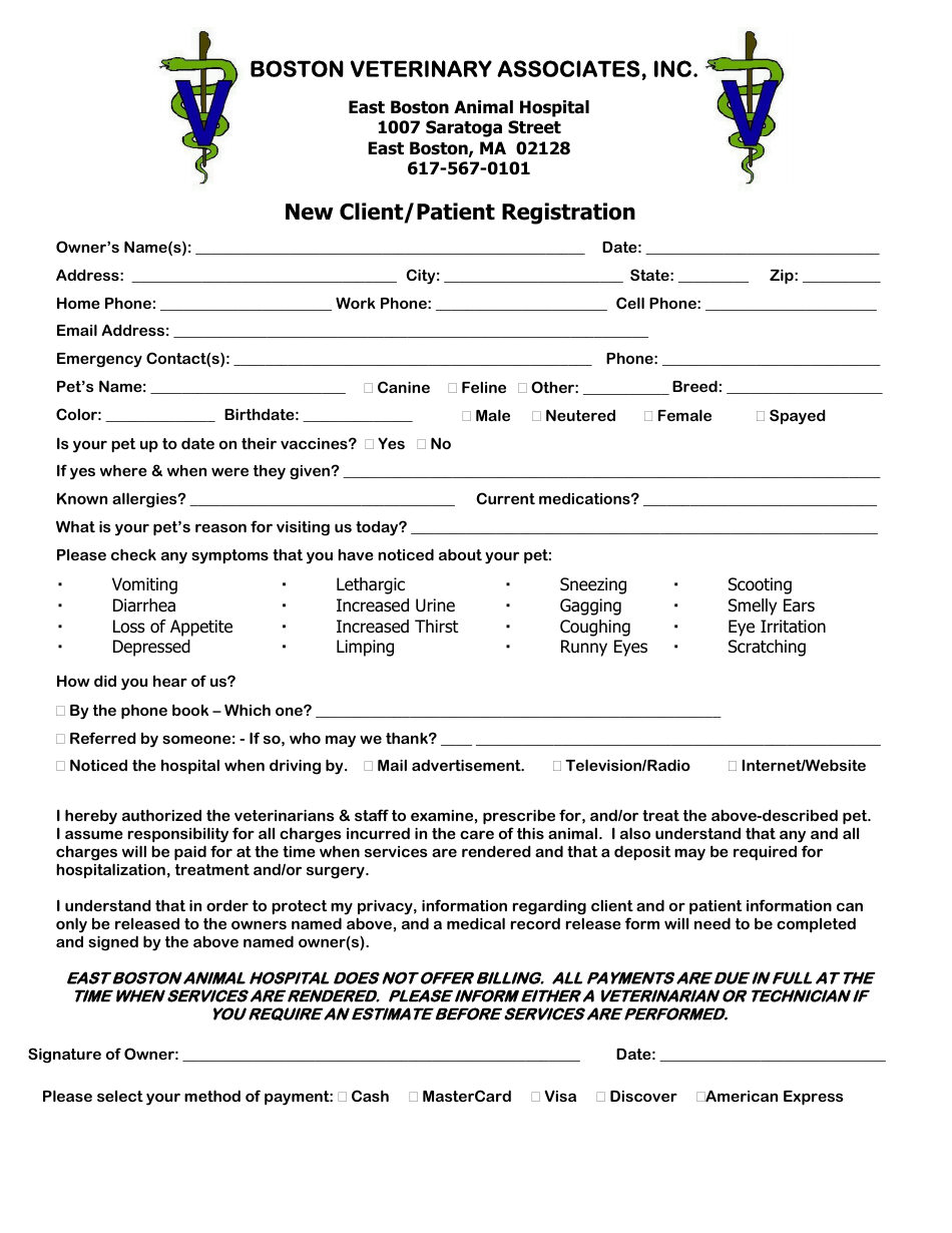 New Client Form - Boston Veterinary Associates, Page 1