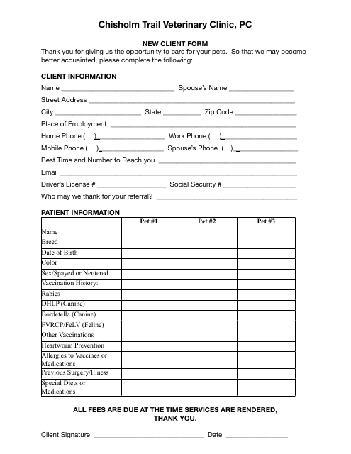 &quot;New Client Form - Chisholm Trail Veterinary Clinic, Pc&quot; Download Pdf