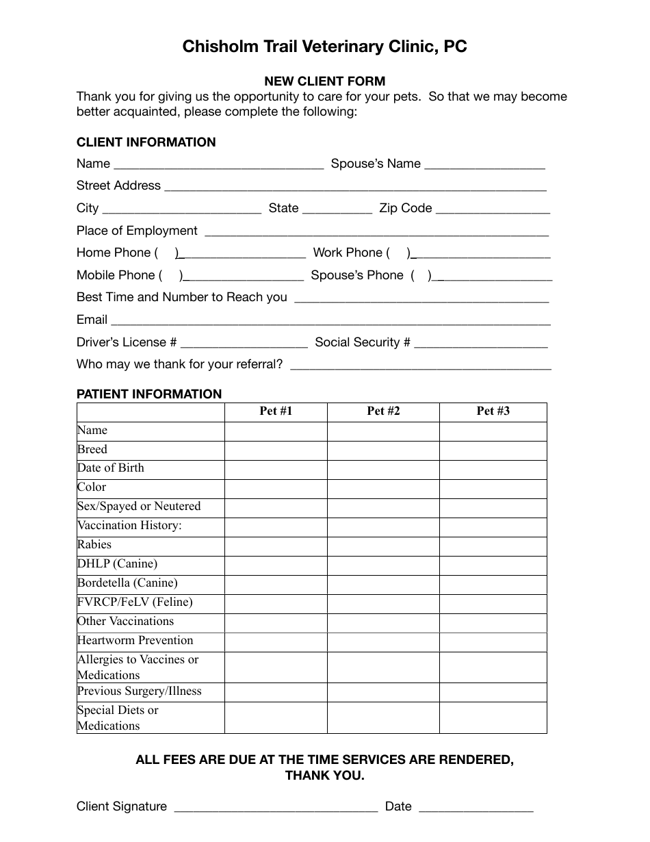 New Client Form Chisholm Trail Veterinary Clinic Pc Fill Out Sign