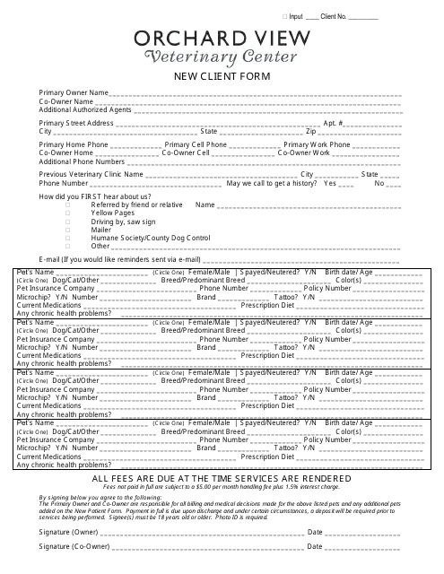 New Client Form - Orchard View Veterinary Center