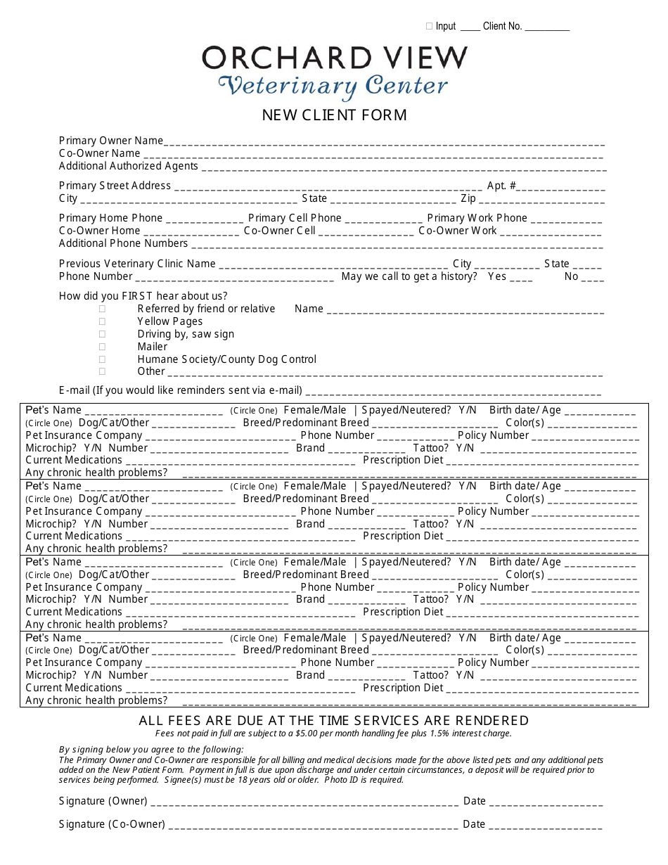 New Client Form - Orchard View Veterinary Center, Page 1
