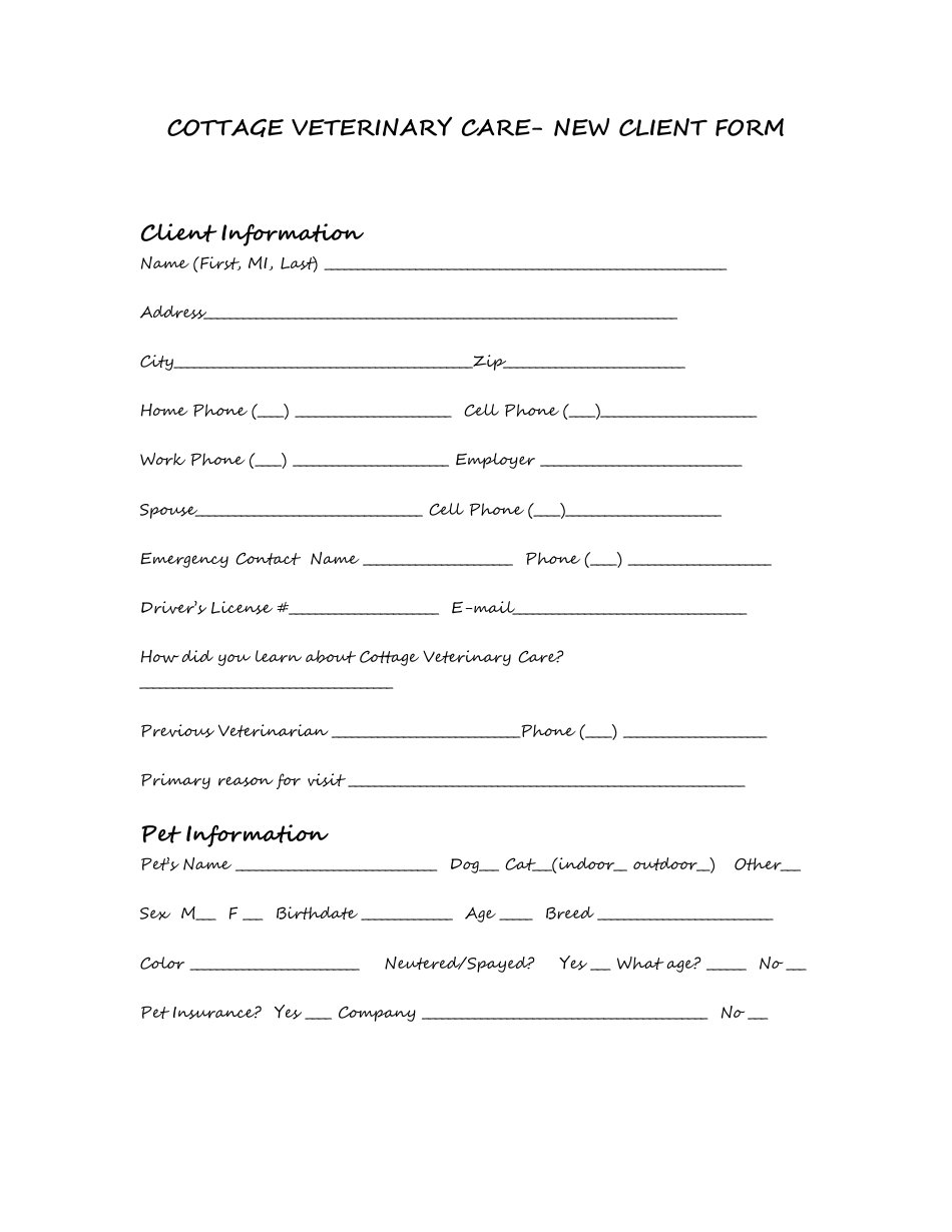 New Client Form - Cottage Veterinary Care - Pacific Grove, Page 1