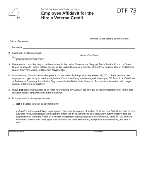 Form DTF-75 Employee Affidavit for the Hire a Veteran Credit - New York