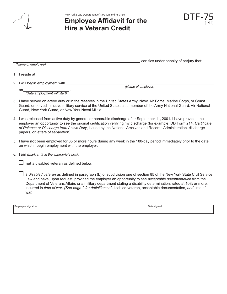 Form DTF-75 Employee Affidavit for the Hire a Veteran Credit - New York, Page 1